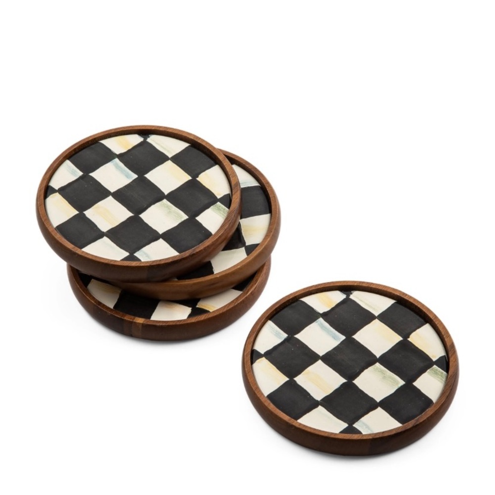 Mackenzie-Childs Set of 4 Courtly Check Enamel Wood Coasters Black White